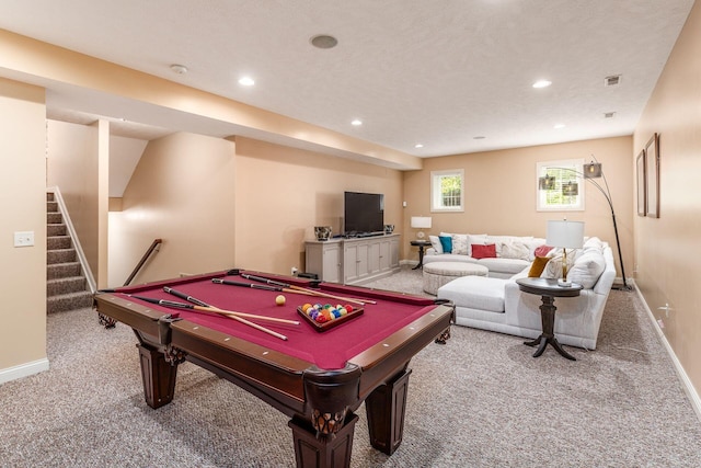 rec room featuring baseboards, carpet, and recessed lighting
