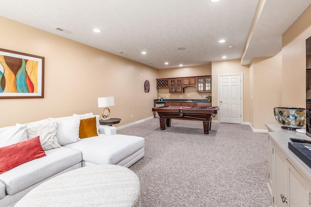 game room featuring light colored carpet, visible vents, and recessed lighting