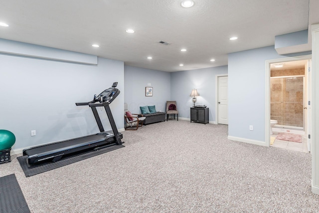 workout area with recessed lighting, baseboards, visible vents, and light colored carpet
