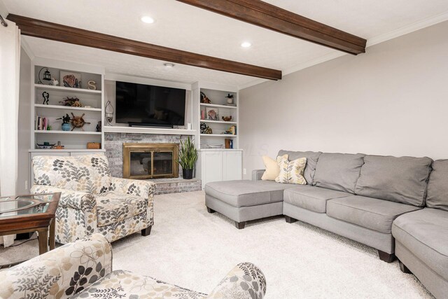 1123 Firth Ave, Worthington, OH 43085 - living area featuring beamed ceiling, carpet, crown molding, recessed lighting, and a brick fireplace