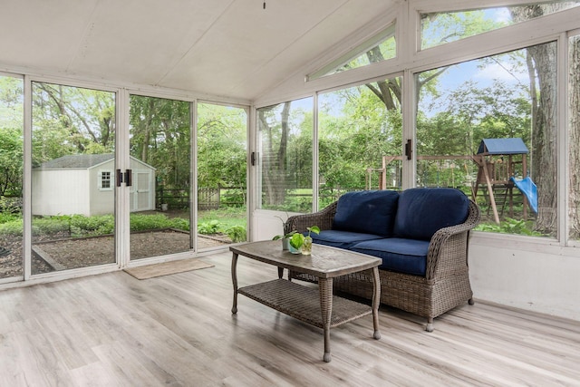 1123 Firth Ave, Worthington, OH 43085 - sunroom featuring an outdoor living space, lofted ceiling, and view of scattered trees