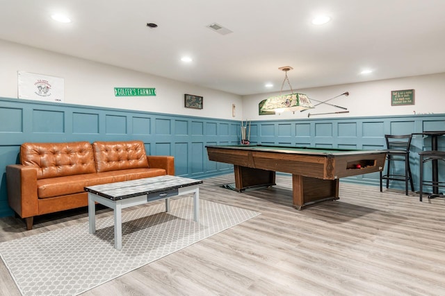 1123 Firth Ave, Worthington, OH 43085 - recreation room featuring a decorative wall, light wood-type flooring, a wainscoted wall, billiards, and recessed lighting