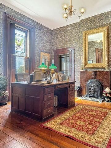 59 S Chillicothe St, South Charleston, OH 45368 - office with wallpapered walls, hardwood / wood-style flooring, a chandelier, and crown molding