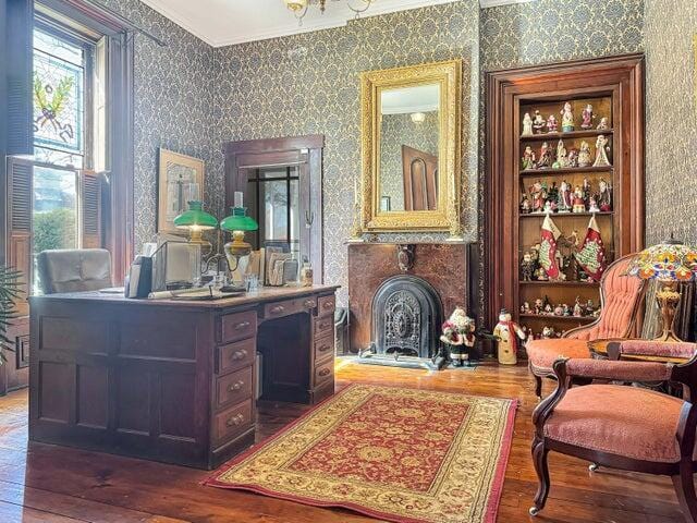 59 S Chillicothe St, South Charleston, OH 45368 - office area with hardwood / wood-style flooring, crown molding, and wallpapered walls