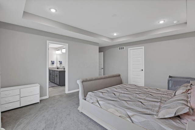 121 E Wind Rd, Delaware, OH 43015 - bedroom featuring a sink, light colored carpet, visible vents, a tray ceiling, and baseboards