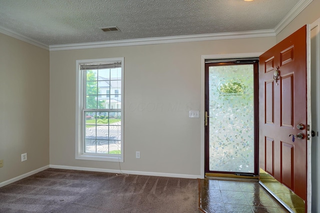 entryway featuring crown molding, dark colored carpet, a textured ceiling, and baseboards