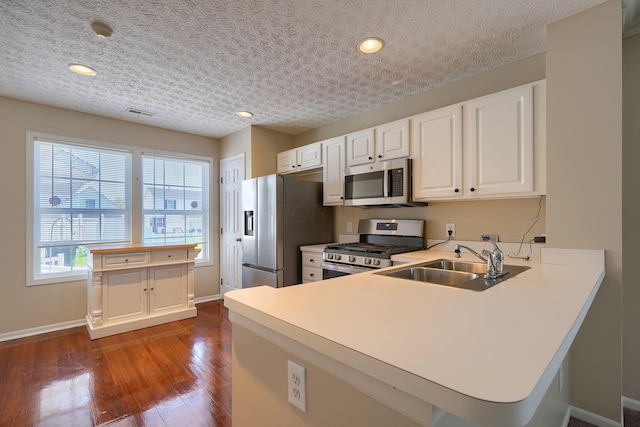 kitchen featuring stainless steel appliances, a sink, baseboards, a peninsula, and dark wood-style flooring