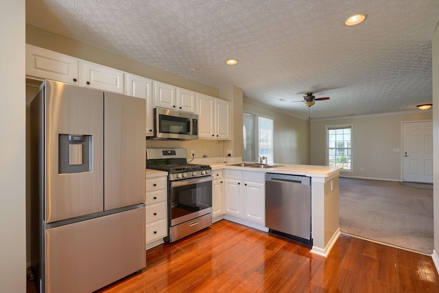 kitchen with stainless steel appliances, a peninsula, a textured ceiling, open floor plan, and ceiling fan
