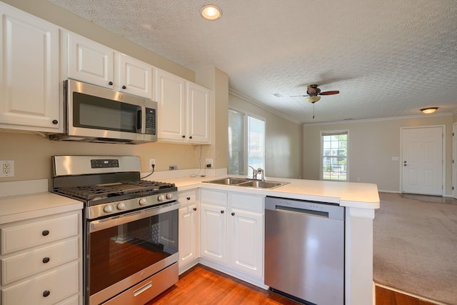 kitchen with appliances with stainless steel finishes, a peninsula, a textured ceiling, a sink, and ornamental molding