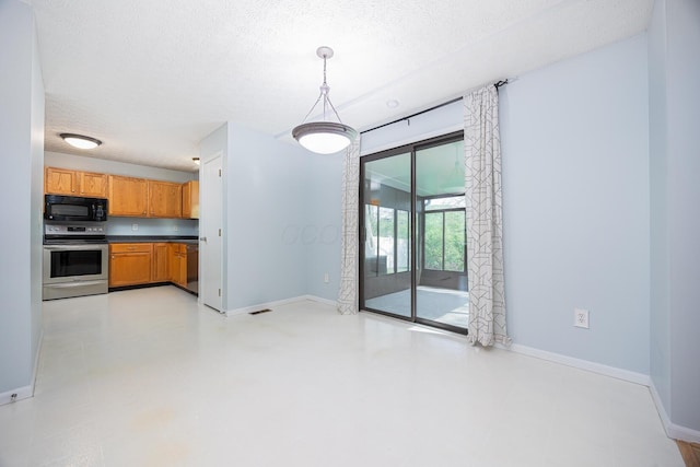 1418 Brookforest Dr, Columbus, OH 43204 - kitchen with baseboards, black microwave, stainless steel range with electric stovetop, and a textured ceiling
