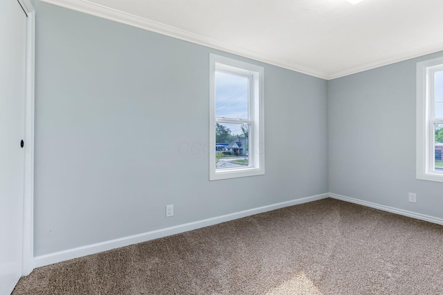 carpeted spare room with baseboards and ornamental molding