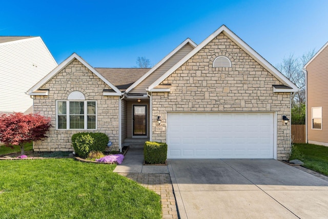 ranch-style home with a front lawn, driveway, stone siding, an attached garage, and roof with shingles