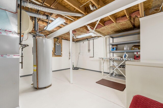 unfinished basement with electric panel and gas water heater