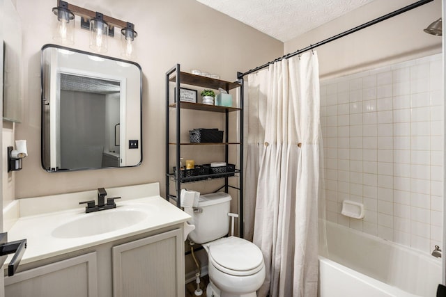 bathroom featuring toilet, shower / tub combo, and vanity
