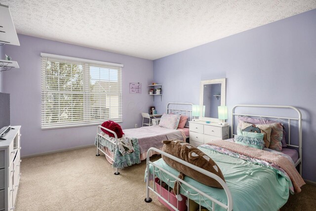 carpeted bedroom with baseboards and a textured ceiling