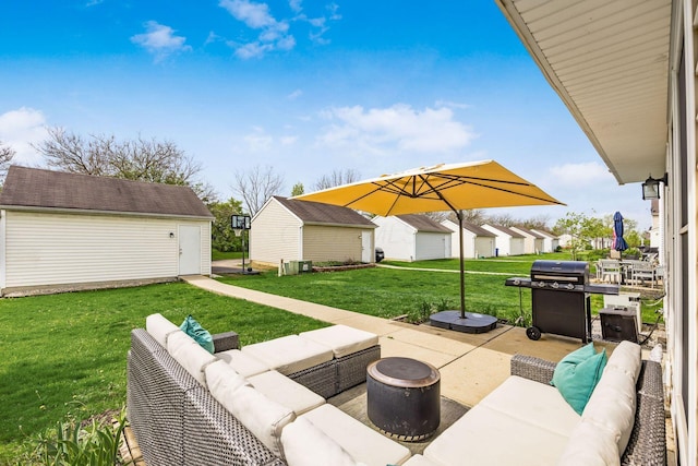 view of patio / terrace with an outdoor structure, an outdoor hangout area, and grilling area
