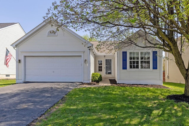 9222 Windy Creek Dr, Columbus, OH 43240 - ranch-style house featuring a garage, a shingled roof, a front lawn, and aphalt driveway
