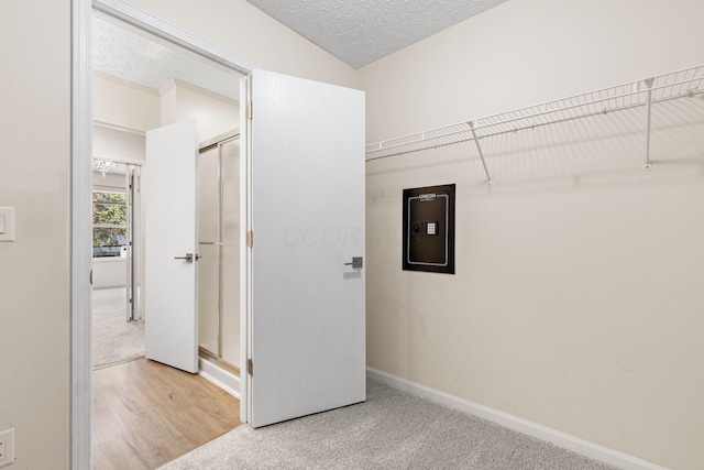 9222 Windy Creek Dr, Columbus, OH 43240 - washroom with carpet, wood finished floors, baseboards, and a textured ceiling