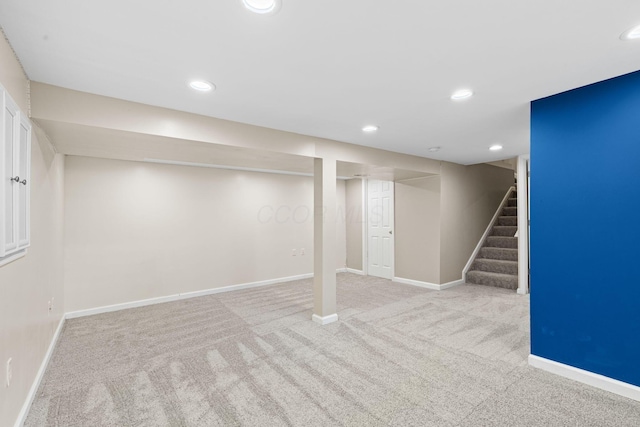 9222 Windy Creek Dr, Columbus, OH 43240 - finished basement with baseboards, carpet floors, recessed lighting, and stairway