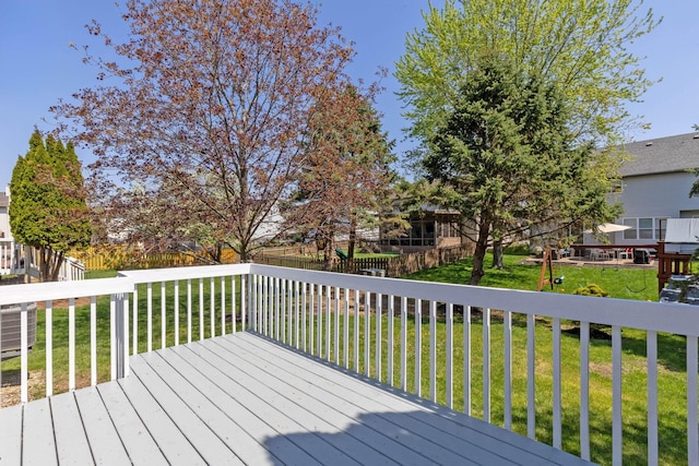 9222 Windy Creek Dr, Columbus, OH 43240 - wooden deck with a lawn, a fenced backyard, and central air condition unit