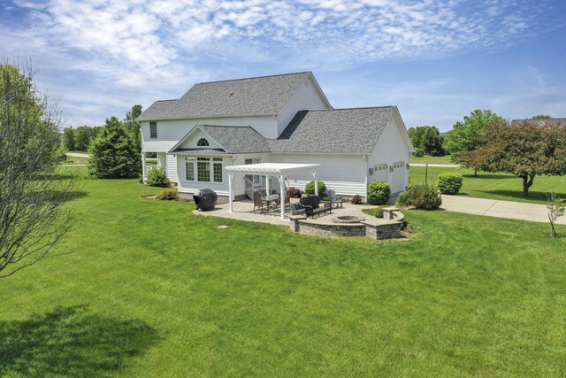 4690 Arrowhead Dr NW, Carroll, OH 43112 - back of property with a fire pit, a pergola, a lawn, driveway, and a patio