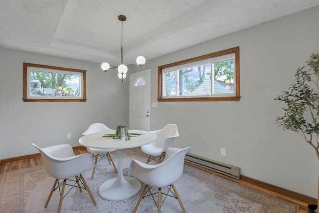 dining room featuring plenty of natural light, baseboards, a baseboard radiator, and wood finished floors