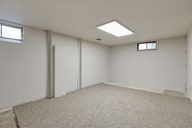 below grade area featuring visible vents and carpet