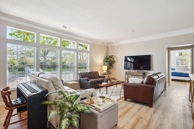 living room with crown molding and light wood-style flooring