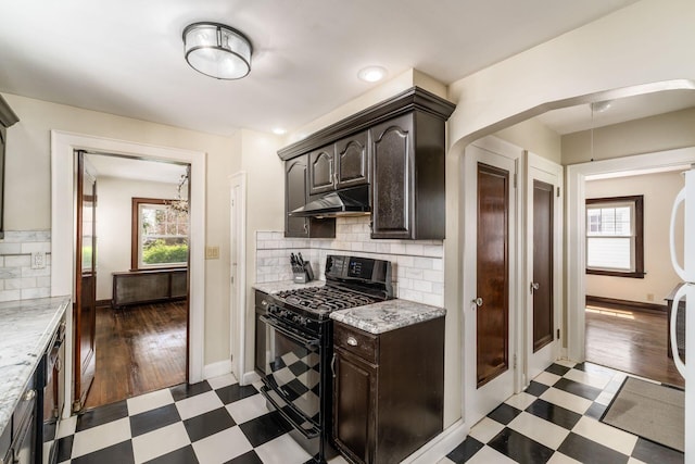 629 Hilltonia Ave, Columbus, OH 43223 - kitchen with dark brown cabinets, a wealth of natural light, black gas stove, and tile patterned floors