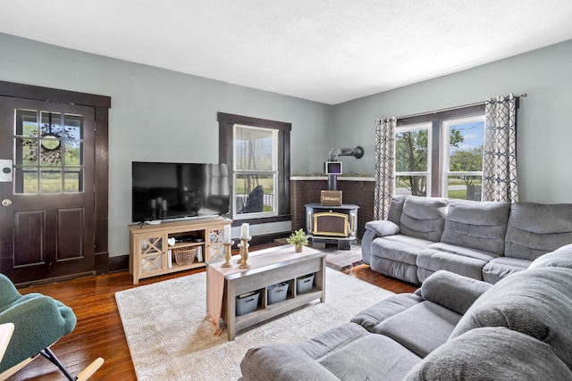 living area featuring a healthy amount of sunlight, a wood stove, and wood finished floors