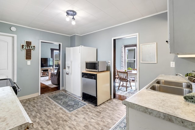 kitchen with appliances with stainless steel finishes, a sink, light wood-style floors, light countertops, and ornamental molding