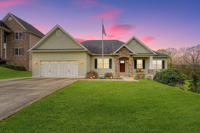 view of front of home featuring concrete driveway, a front lawn, stone siding, and an attached garage