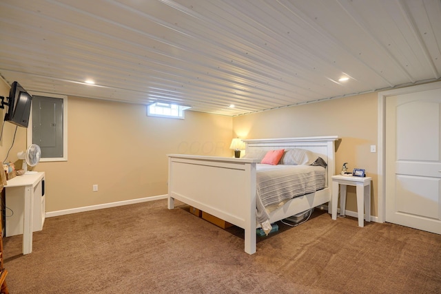 carpeted bedroom with baseboards and electric panel