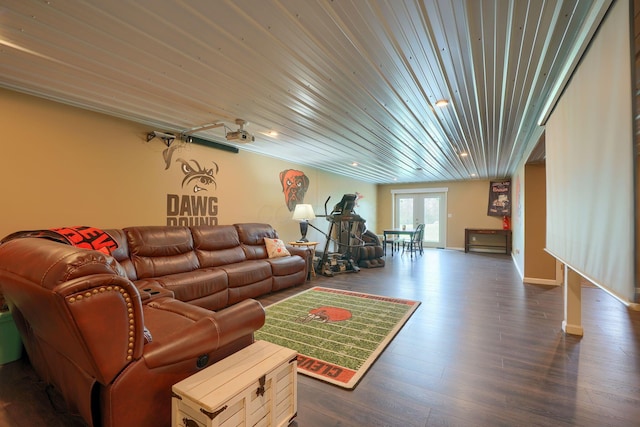 living area featuring wooden ceiling and dark wood-type flooring