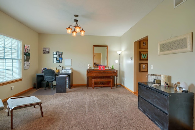 office with carpet, visible vents, a chandelier, and baseboards