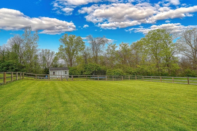 view of yard featuring a rural view, a fenced backyard, and an outdoor structure