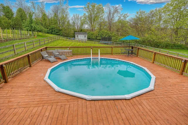 view of pool featuring a wooden deck, a trampoline, a storage unit, a yard, and a fenced backyard