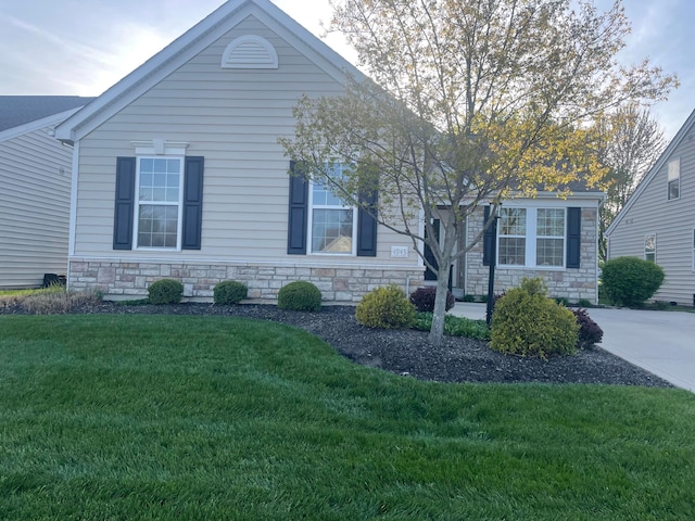 view of front of house featuring stone siding and a front lawn
