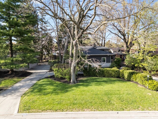 view of property hidden behind natural elements featuring a front yard and a chimney