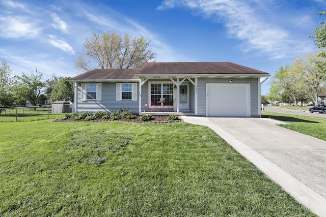 single story home with an attached garage, fence, driveway, and a front yard
