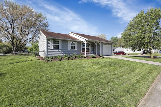 ranch-style house featuring fence, a garage, a front yard, concrete driveway, and covered porch