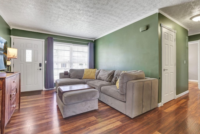 living room with crown molding, a textured ceiling, and dark wood-type flooring