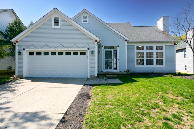 view of front of property with roof with shingles, driveway, a chimney, a garage, and a front yard