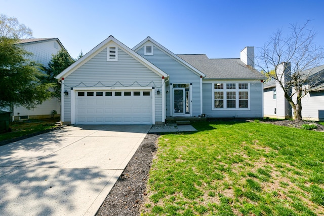 ranch-style home featuring a chimney, driveway, a front yard, and a garage