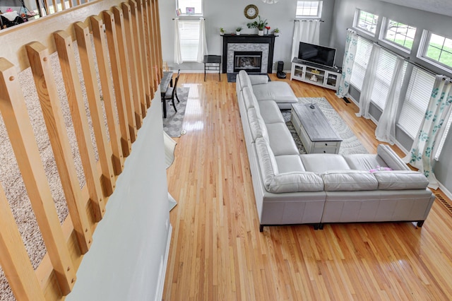 living area with baseboards, wood finished floors, and a fireplace