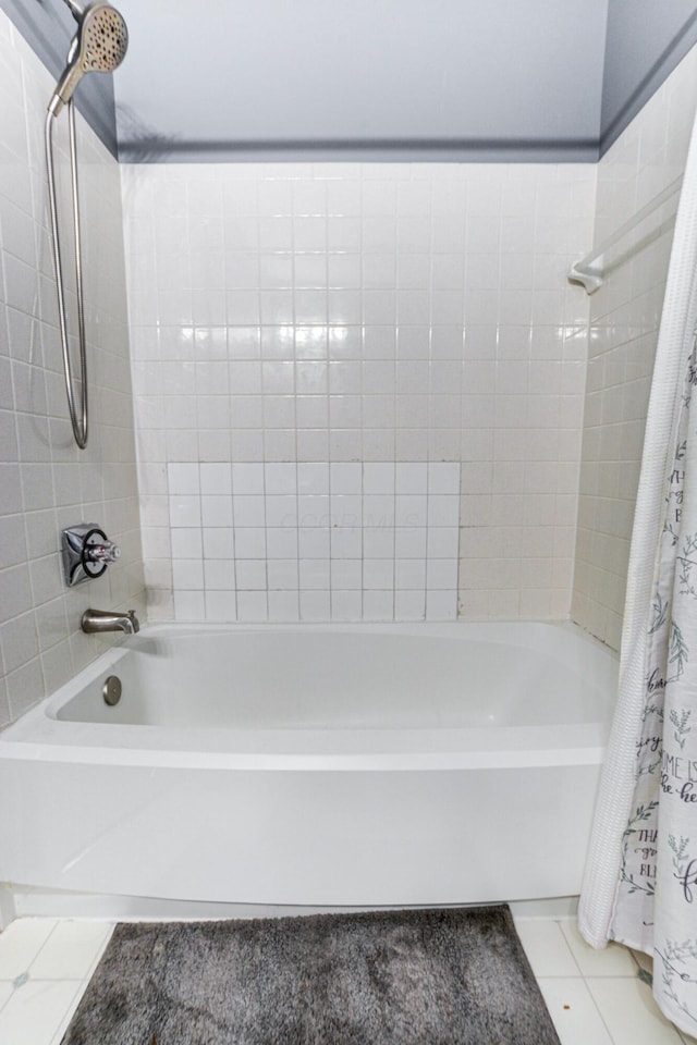 full bathroom with shower / bath combination with curtain and tile patterned floors