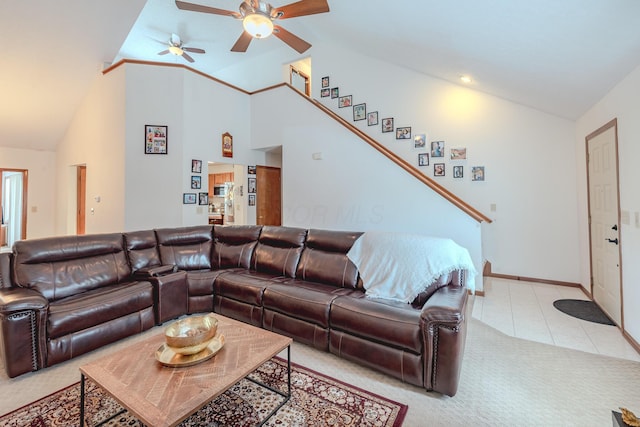 730 Erin St, Lewis Center, OH 43035 - living area featuring ceiling fan, light colored carpet, baseboards, and high vaulted ceiling