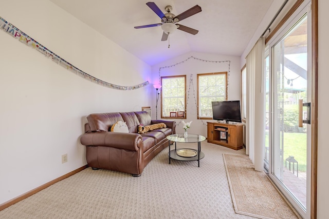 730 Erin St, Lewis Center, OH 43035 - living room featuring carpet floors, a ceiling fan, baseboards, and lofted ceiling
