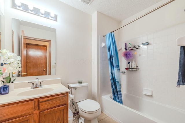 730 Erin St, Lewis Center, OH 43035 - full bath featuring tile patterned flooring, vanity, toilet, a textured ceiling, and shower / bath combo with shower curtain