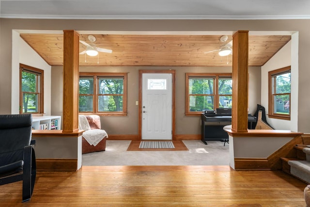 1397 Glenn Ave, Columbus, OH 43212 - entrance foyer with ceiling fan, wood ceiling, hardwood / wood-style flooring, plenty of natural light, and lofted ceiling